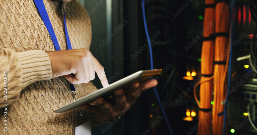 Poster hands, person and database on tablet in server room for software, update system and testing. program