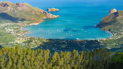 Magnificent aerial view of the bottom of the HANE and HOKATU valleys on the island of UA HUKA in the Marquesas archipelago in French Polynesia