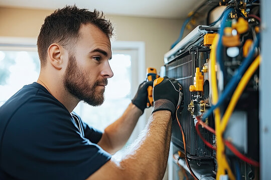 A technician performs maintenance on an HVAC unit, focused and equipped with tools, showcasing skilled craftsmanship in a bright indoor environment.