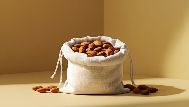 Almonds in a White Reusable Pouch Against a Yellow Background