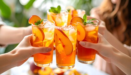 A group of people toasting with glasses of refreshing peach juice or cocktails, celebrating summer