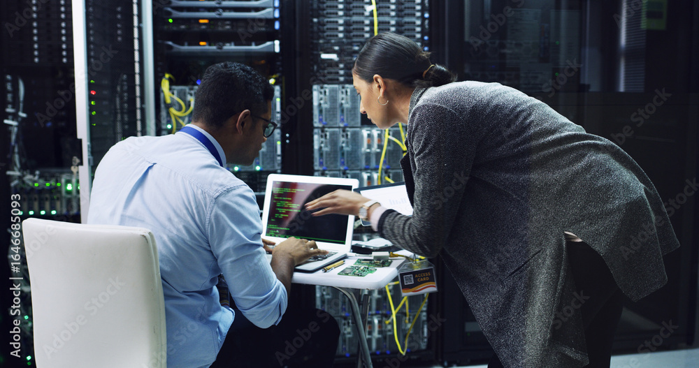 Poster server room, team and people with laptop screen for coding, software update or system maintenance. d