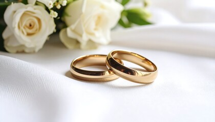 Two gold wedding bands rest on white satin near a bouquet of white roses (1)