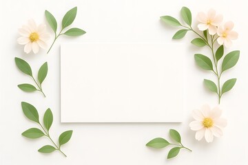 Fototapeta premium Elegant White Card with Soft Pink Flowers and Green Leaves on White Background for Floral or Wedding Design