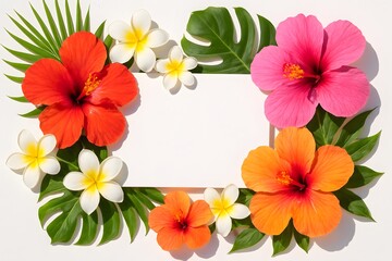 Naklejka premium Colorful Tropical Flowers Arrangement with Green Leaves and White Blank Card for Greeting or Invitation
