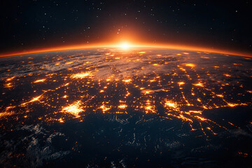 A stunning view of Earth from space at sunrise, showcasing illuminated cities and a cosmic backdrop filled with stars.
