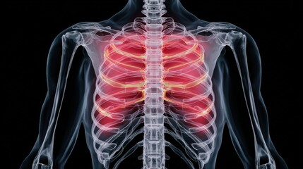 Diagram of rib fractures with highlighted areas showing common locations of rib injuries causing pain