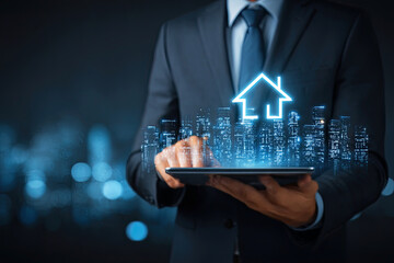 A professional holding a tablet displays a glowing house icon above a digital cityscape, symbolizing real estate technology and innovation.