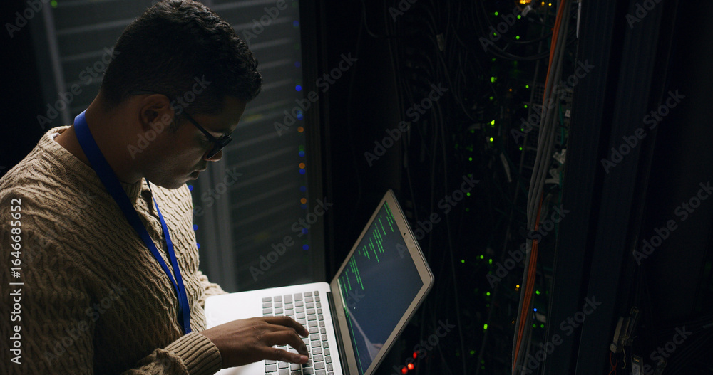 Poster server room, laptop and technician man for coding, cybersecurity update or online machine system. it