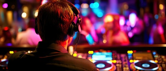A DJ with headphones mixes music at a lively nightclub, colorful lights illuminating the dancing crowd in the background