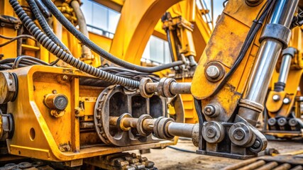 Fototapeta premium Produce a close-up of hydraulic excavator parts under maintenance.