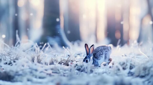 An adorable hare surrounded by the serene beauty of a snowy forest, with a blurred winter wonderland in the background, creating a captivating and charming wildlife scene.