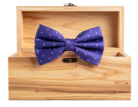 Purple Polka Dot Bow Tie on Wooden Box with Warm Lighting PNG - Powered by Adobe