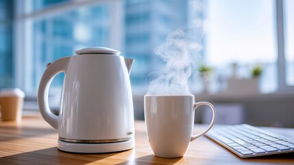 A white electric kettle and a steaming mug sit on a desk beside a keyboard in a bright, modern office setting