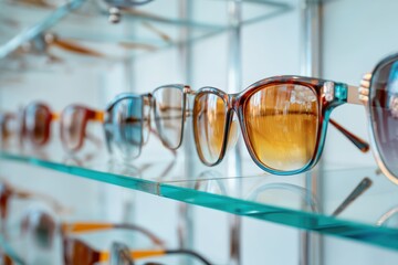 A close-up of stylish sunglasses displayed on glass shelves in an optical store, highlighting trendy eyewear choices