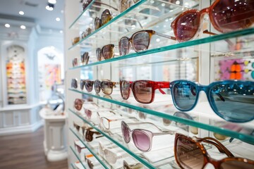 A stylish display of various sunglasses on glass shelves inside a bright, modern eyewear store