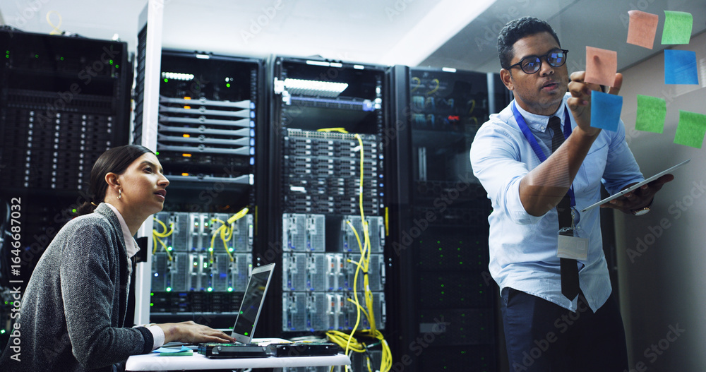 Poster people, technician and planning with sticky note in server room for priority on network security. it