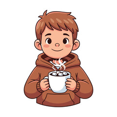 Cartoon Boy Enjoying Hot Chocolate with Marshmallows Cozy Winter Illustration Warm Beverage