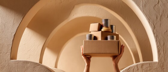 Authentic National Food Bank Day Hands Holding Box with Essentials for Compassionate Giving in Warm Autumn Lighting for Volunteer Marketing Campaigns