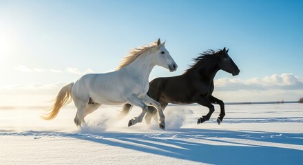 Two horses running through snowy field