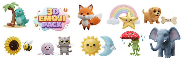 Fototapeta premium Collection of Three Dimensional Emoji Icons and Cute Figures