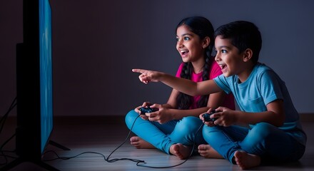 Happy Indian Siblings Enjoy Exciting Video Game Night, Gaming, Children, Technology, Entertainment, Joy