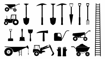 Fototapeta premium Illustration of various gardening and construction tools and vehicles in black silhouette style design