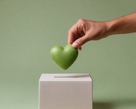 Authentic International Day Of Charity Donation Concept with Green Heart Token, Modern Minimalist Style, Earth Day and Small Business Saturday Campaigns for Social Media Marketing