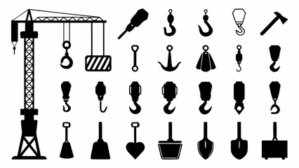 Illustration of a construction crane with various hooks and shovel designs in black silhouette style