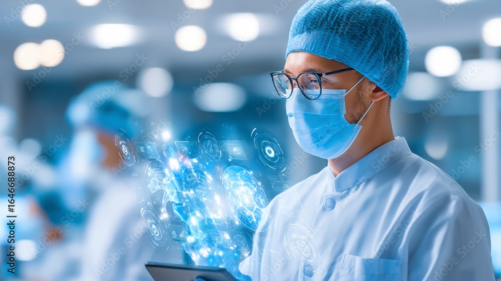 Poster a scientist in protective gear uses a tablet with holographic digital data in a lab, highlighting te