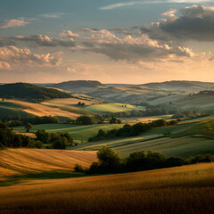 Fototapeta premium Scenic Panoramic View of Rolling Hills and Farmland Under a Beautiful Sky with Soft Light During Sunset