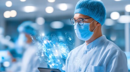 A scientist in protective gear uses a tablet with holographic digital data in a lab, highlighting technology-driven medical research and innovation.