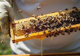 Bees busy on honey comb with dripping golden nectar