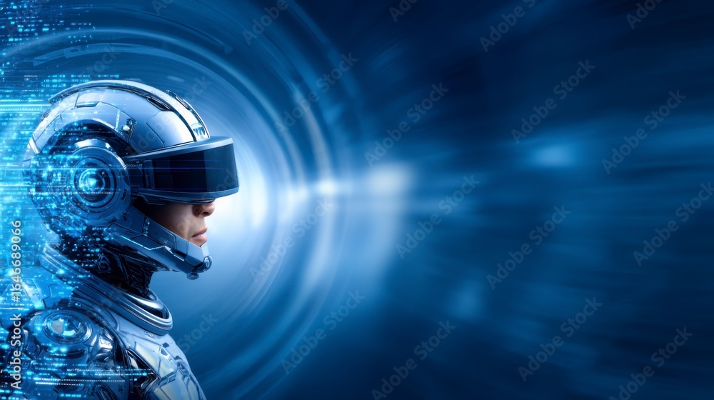 Poster a futuristic humanoid robot with a helmet and visor faces right, surrounded by digital blue circuits