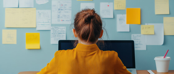 Digital marketer analyzing social media metrics on laptop with notes and sticky papers on wall, focused and working in cozy workspace
