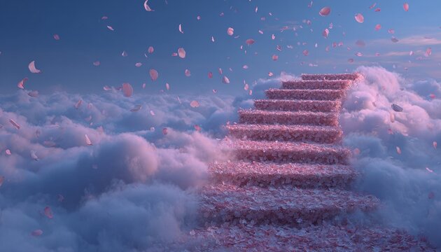 Eine Treppe aus Bl&uuml;tenbl&auml;ttern f&uuml;hrt durch weiche Wolken in den Himmel, umgeben von fallenden Bl&uuml;ten.