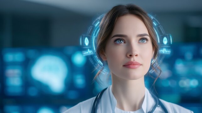 A young female doctor with a stethoscope looks thoughtfully ahead, surrounded by glowing digital healthcare and technology graphics.