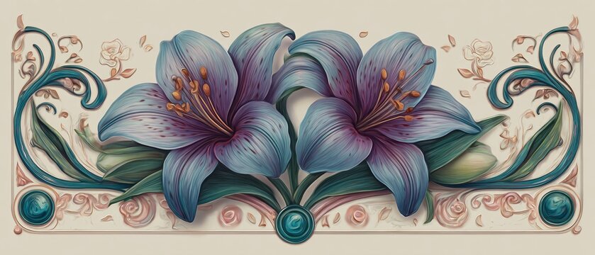 Elegante blaue und lila Lilien mit kunstvollen Verzierungen in einem Jugendstil-Design.