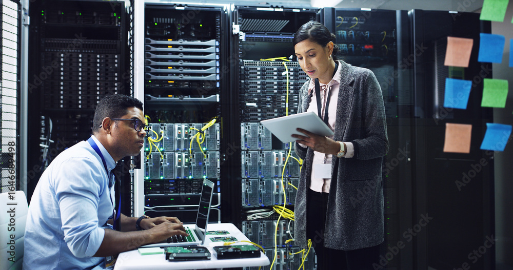 Poster woman, tablet and discussion with man in server room, programming and notes for it solution at compa