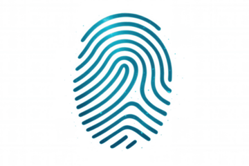 Blue glowing fingerprint representing digital identity, security, and technological innovation on a transparent background