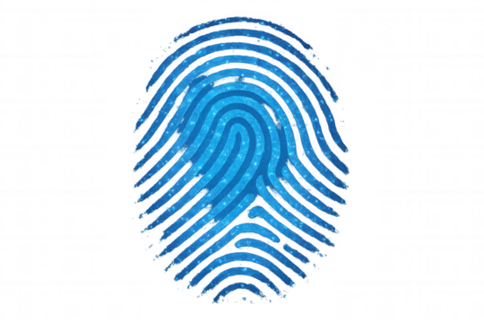 Blue glowing fingerprint representing digital identity, access control, and data protection with transparent background