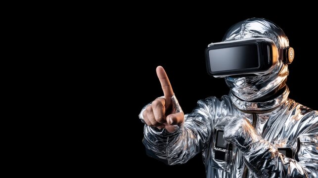 A futuristic astronaut wearing a reflective silver suit and VR headset interacts with the virtual environment using hand gestures against a black background.