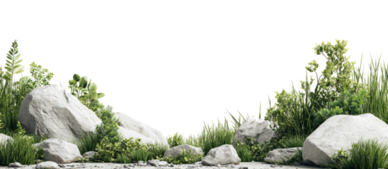 Natural foreground composed of weathered rocks, fresh green grass, and small plants isolated on a white background.