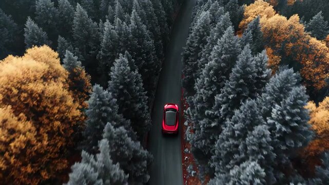 Elektroauto aus Drohnenperspektive mit Farbwechseleffekt im Wald &ndash; Schwarz-Wei&szlig; zu leuchtender Natur. K&uuml;nstliche Intelligenz KI