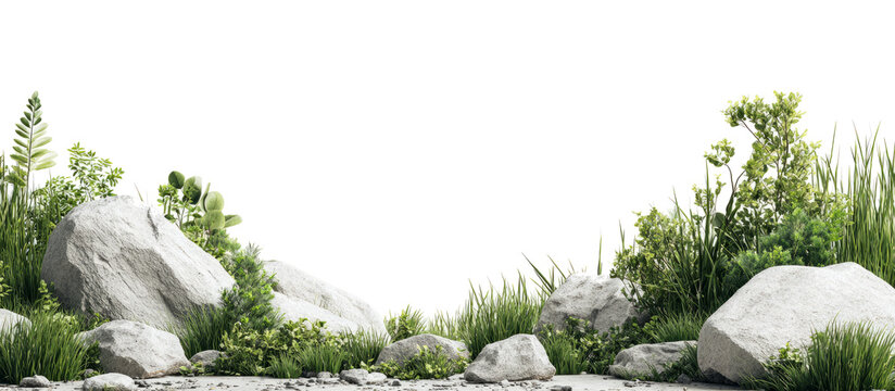 Natural foreground composed of weathered rocks, fresh green grass, and small plants isolated on a white background.