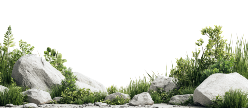 Natural foreground composed of weathered rocks, fresh green grass, and small plants isolated on a white background.