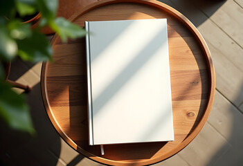 Blank book cover mockup on the wooden table, top view