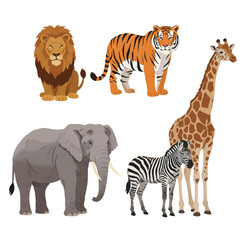 A vibrant collection of simplified wild animals, including a majestic lion, striped tiger, powerful elephant, iconic zebra, and graceful giraffe, on a clean white background.