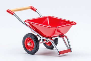 A vibrant red toy wheelbarrow positioned on a clean white background, ideal for children's play