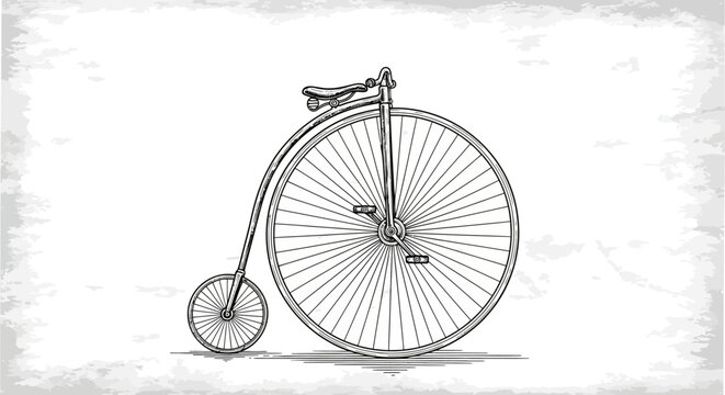 Vintage penny-farthing bicycle illustration, featuring a large front wheel and smaller rear wheel, presented in a detailed sketch style.